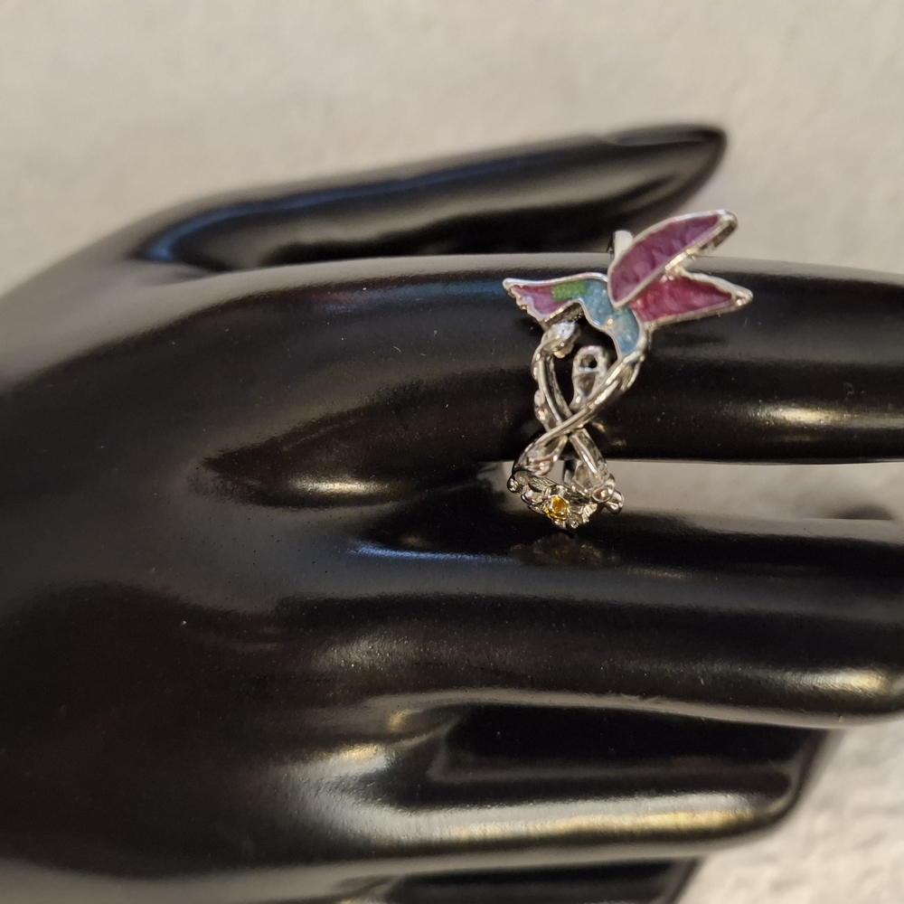 Elegant Silver and Pink Hummingbird Ring